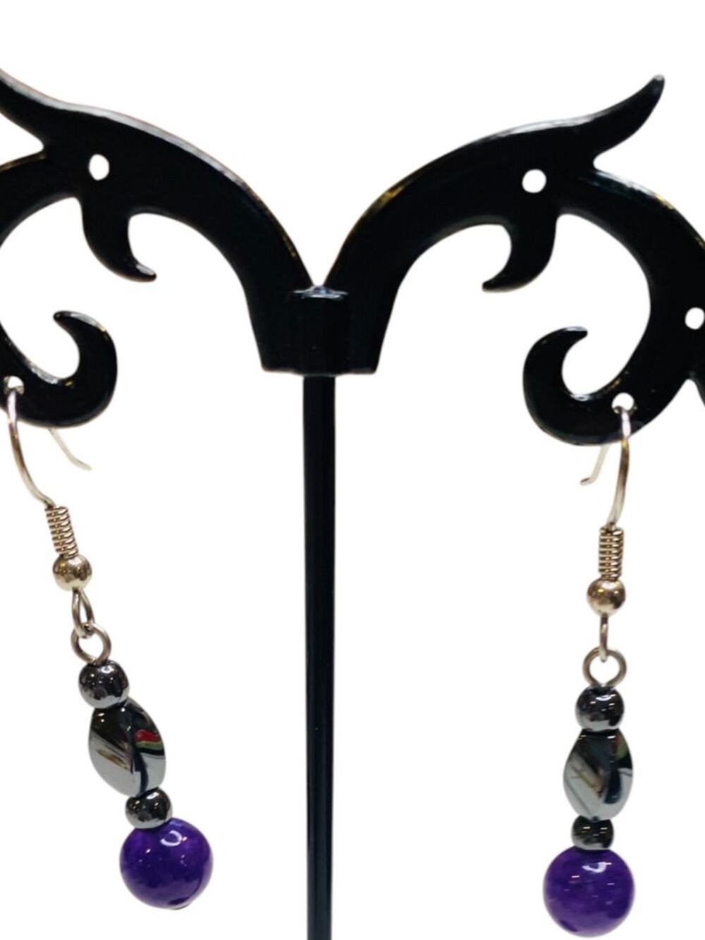 Silvertone Beaded Fishhook Earrings Pierced Purple and Hematite 1.75" Drop